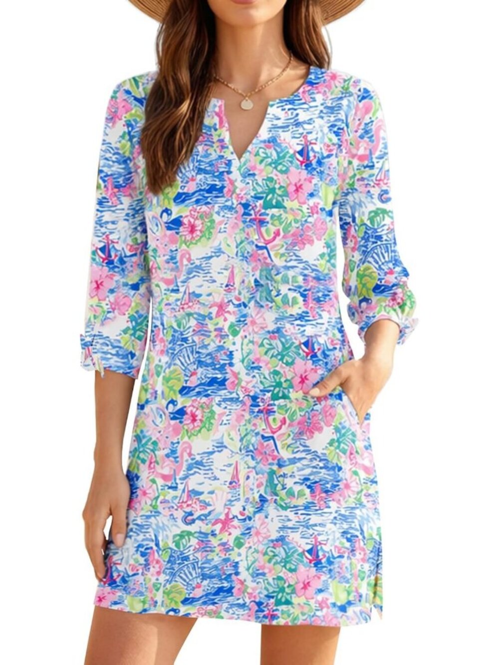 Stylish 3/4 Sleeve Shift Dress with Pockets, V Neck, UPF 50+, Quick Dry, Summer